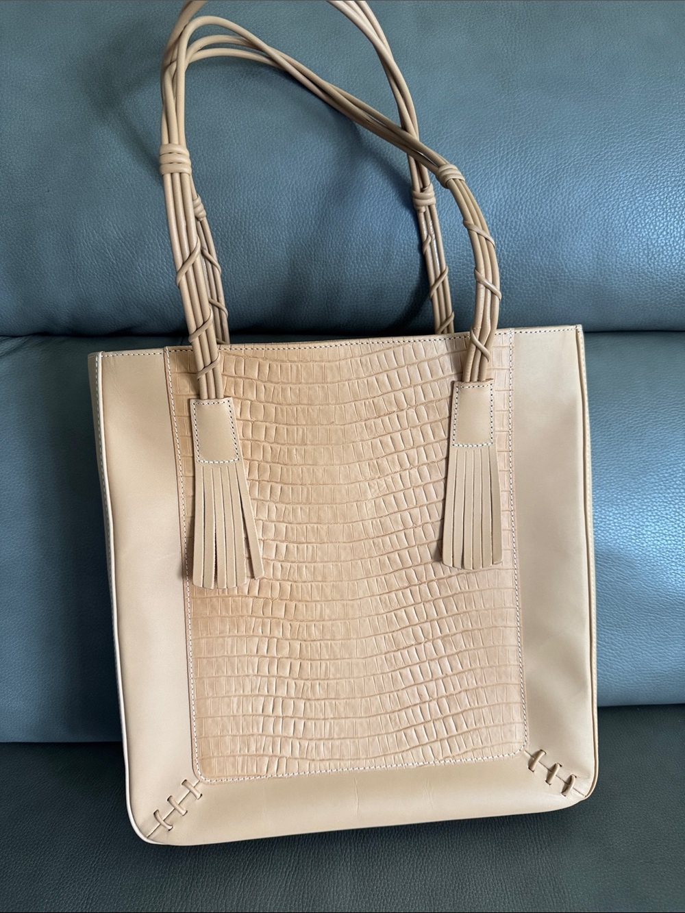 Longchamp Beige Croc-Embossed Tote with Braided Handles and Tassels